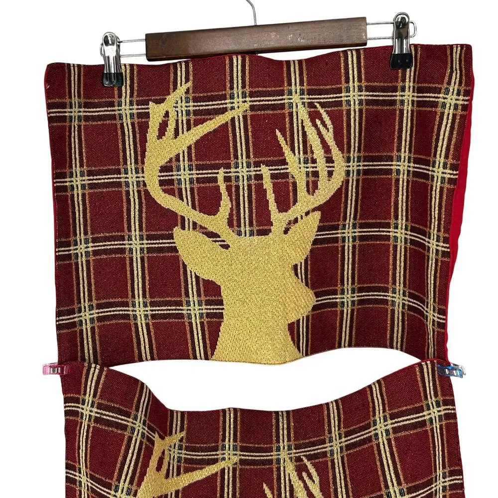 Set of 4 Holiday Christmas Placemats Red Gold Tartan Plaid Deer Stag Head Festiv